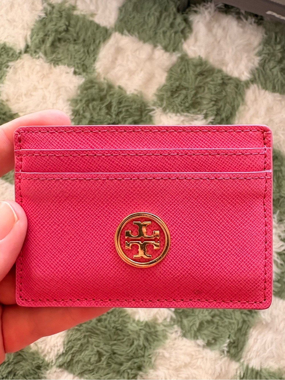 Tory Burch Hot Pink Leather Card & Key Holder with Gold Logo